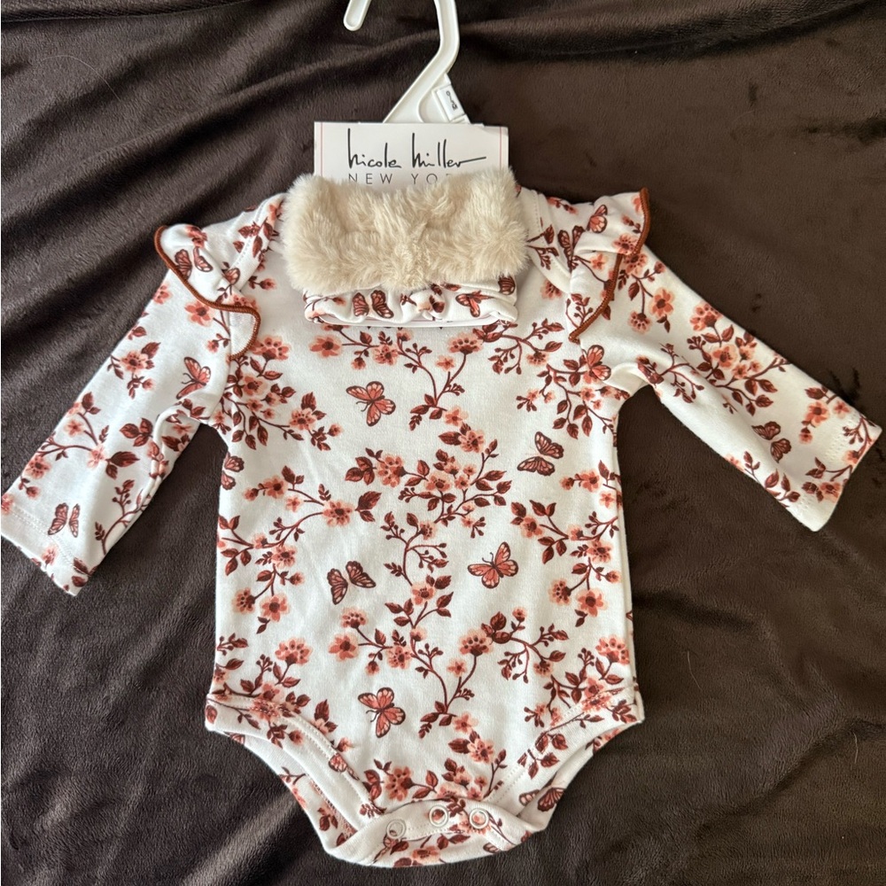 Nicole Miller Floral Kids Bodysuit - Cream and Brown